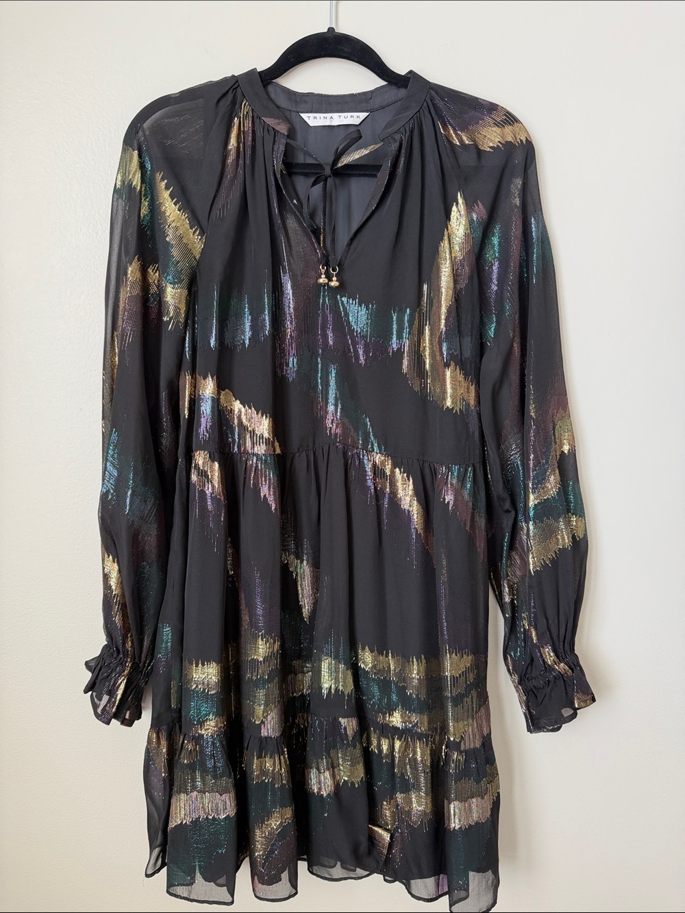 Trina Turk Black Mini Dress with Metallic Gold, Teal, and Purple Brushstrokes